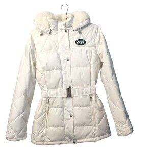 NY Jets Official Logo Quilted Womens S Puffer Jacket Faux Fur Lining Hood Zip